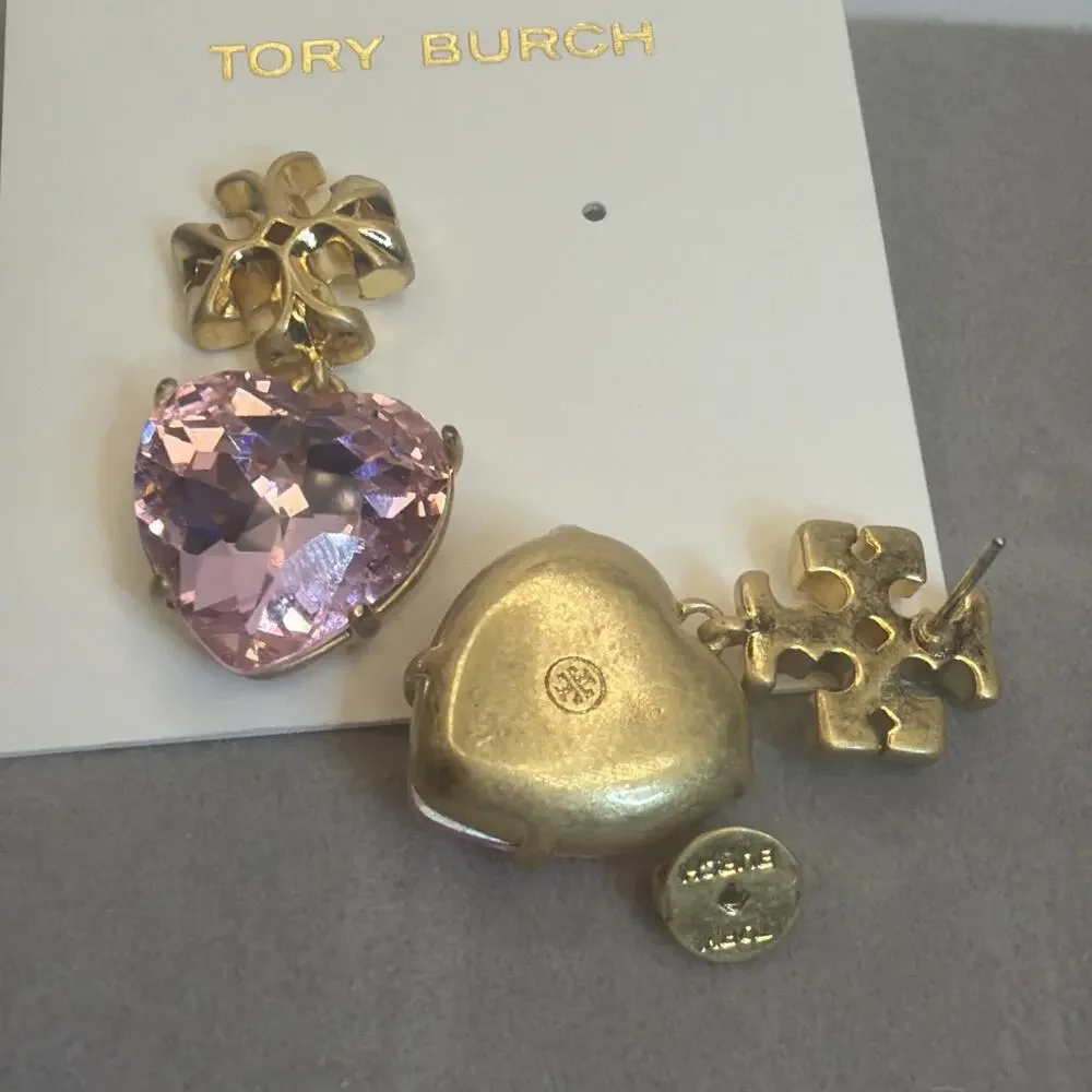 Tory Burch Kira Carved Heart Drop Earrings Gold & Pink New on Card Dust Pouch